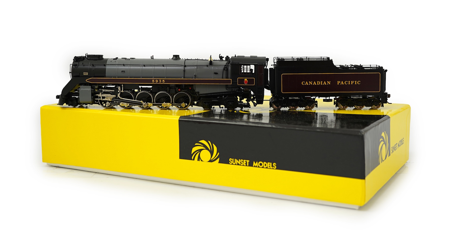 A boxed HO gauge Sunset Models model of Canadian Pacific Railway T-1c ‘Selkirk’, 5935, 2-10-4 locomotive with bogie tender, powered for two rail operation.